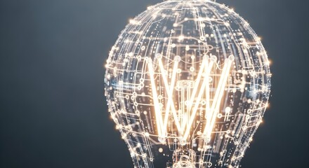 A digital lightbulb with glowing filament and wireframe structure, representing innovation and technology.