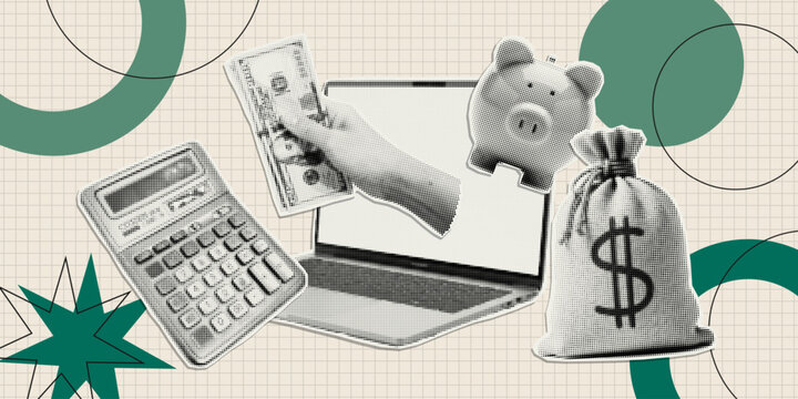 Fototapeta Trendy paper cutout collage elements with doodles. Halftone money stickers. Modern collage template. 