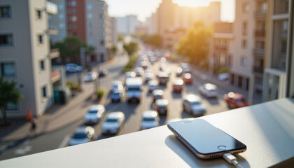 Obraz premium Mobile device charging on windowsill with street view, modern life