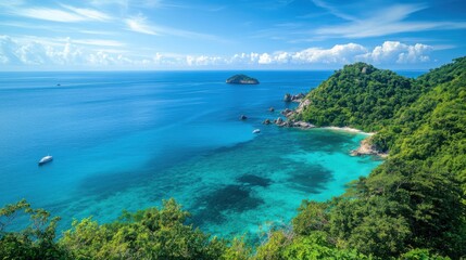 Obraz premium Serene Coastal Landscape with Turquoise Water and Lush Greenery