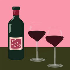 A hand-drawn bottle of wine and two glasses of red wine. Siesta. A poster with wine and glasses.