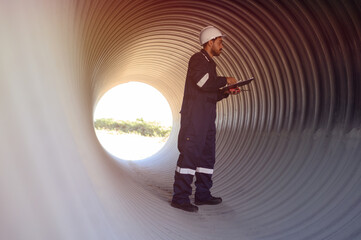 Male engineers are checking the integrity and safety of the pipeline