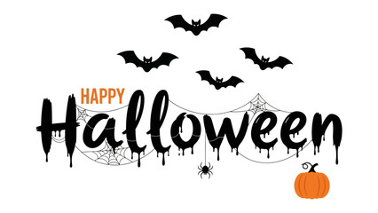 Halloween Design with Bats and Pumpkin: A captivating design celebrating Halloween features a spooky spider web, dangling spiders, elegant bats silhouette, and a cheery pumpkin.