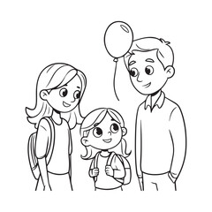  Happy Family Line Art with Smiling Girl, Loving Mom and Dad. 