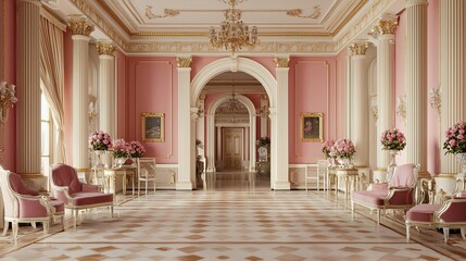 Obraz premium A luxurious interior featuring elegant pink walls, ornate details, classical furniture, and floral arrangements, exuding opulence and sophistication.