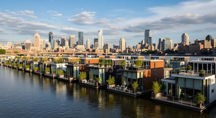 Naklejka premium Modern neighborhood of houseboats aligned along river waterfront with contemporary architecture