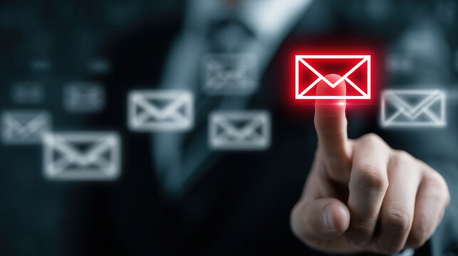 Close-up hand points to a red envelope icon on a dark UI. Perfect for email, inbox workflow, communication, newsletters, and slides about messaging, sending, sorting and engagement.