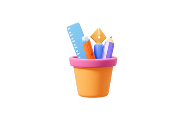 Cartoon pen container and various stationery, 3d rendering.