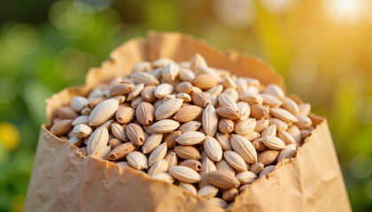 Seeds overflowing from paper envelope in garden, future blossoms
