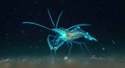 Naklejka premium Luminescent shrimp with translucent body, dark water, shallow depth