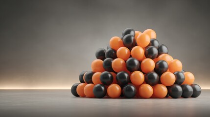 Colorful Arrangement of Black and Orange Balls Piled on a Surface Against a Gradient Background