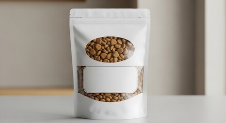 A white, clear-view, resealable stand-up pouch contains a quantity of light brownish-tan, small, textured granules.