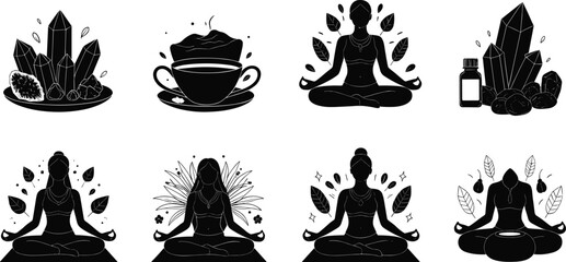 Wellness vector illustration, meditation, crystals, herbal tea, essential oils, mindfulness, holistic healing, relaxation, yoga, self care, black white design