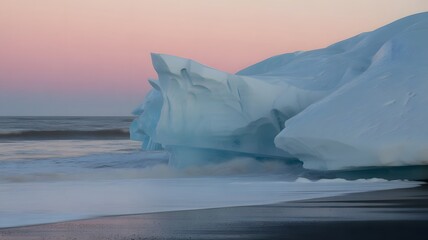 Stunning iceberg rests on black sand beach during tranquil sunset, ocean waves create beautiful seascape, perfect for travel and environmental campaigns
