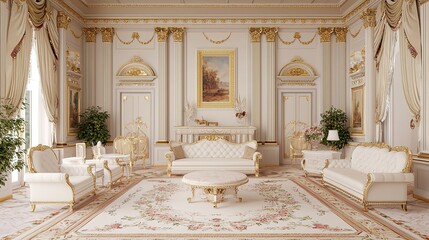 A luxurious, elegant interior featuring ornate furniture, golden accents, and decorative plants, creating a sophisticated ambiance.