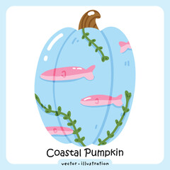 Coastal Halloween Pumpkin Illustrations Ocean Creature Fall Decor Vector