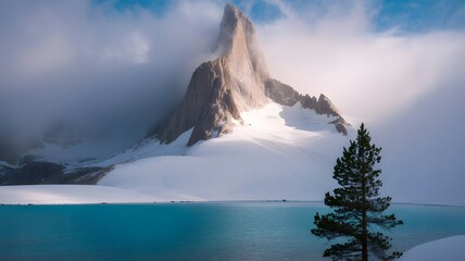 Majestic mountain peak shrouded in mist overlooking a tranquil turquoise lake and serene pine tree, perfect for travel and adventure campaigns