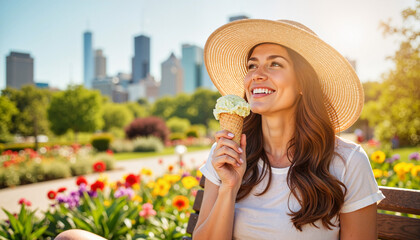Brunette woman enjoying ice cream in botanical garden, joyful summer vibes