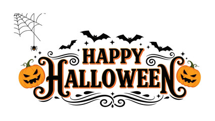Happy Halloween design: This whimsical illustration features a cheerful 'Happy Halloween' inscription adorned with iconic symbols like pumpkins and bats.