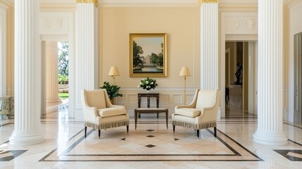 A luxurious interior space featuring elegant chairs, a coffee table, and decorative columns, complemented by artwork on the walls and a serene atmosphere.