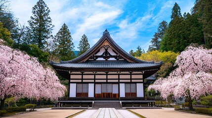 Tranquil japanese wooden temple surrounded by cherry blossoms japan gigapixel image serene environment captivating view
