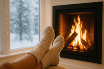 Cozy winter relaxation: warm wool socks by fireplace with snowy window view
