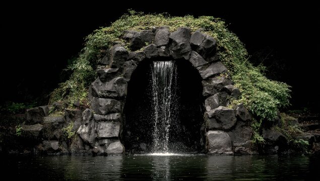 Dark waterfall through stone archway
