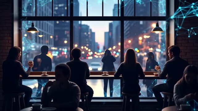 People enjoying coffee in a modern cafe with city view and digital network overlay - Powered by Adobe