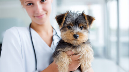 Smiling young veterinarian in blue coat holding dog providing compassionate care in modern veterinary clinic smiling at camera. Injury recovery
