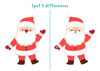 Christmas find differences game for children. Winter holiday educational activity with Santa Claus. Cute puzzle for kids with funny New Year character. Printable worksheet, page