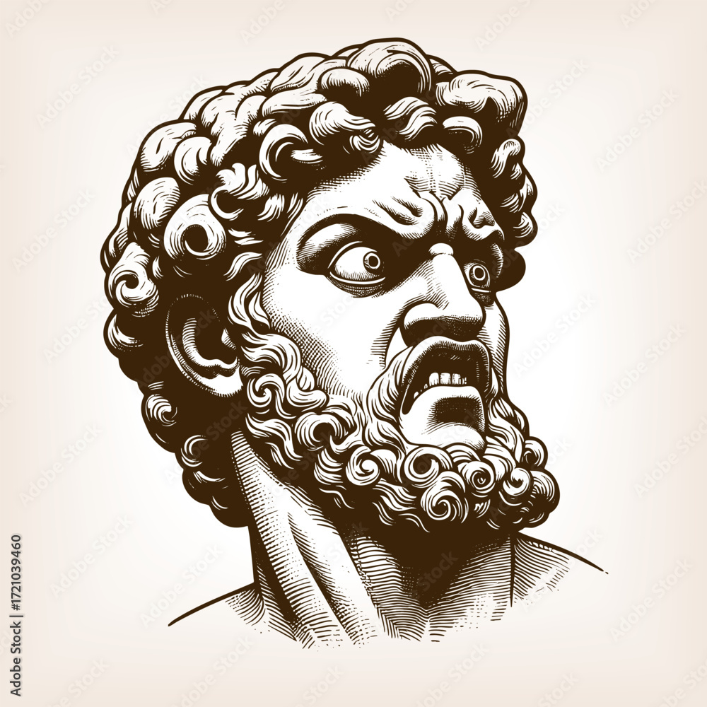 Poster statue head with curly hair and beard, showing intense angry expression and dramatic eyes sketch eng