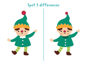 Christmas find differences game for children. Winter holiday educational activity with elf. Cute puzzle for kids with funny New Year dwarf in green hat. Printable worksheet, page