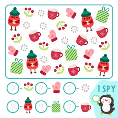 Christmas I spy game for kids. Searching and counting activity with bird, present, snowflake, mitten. New Year printable worksheet for preschool children. Simple winter holiday spotting puzzle