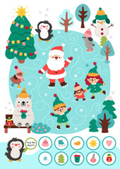 Vector searching game with Christmas landscape. Spot hidden objects. New Year seek and find printable activity for kids. Winter holiday worksheet with Santa Claus and animals skating on rink