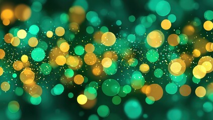 Abstract green and gold bokeh lights background with soft glow and festive ambiance