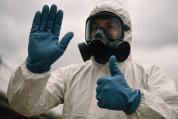 Protective Gear and Thumbs Up: A person in full protective gear, including a gas mask and hazmat suit, gestures a stop with one hand and gives a thumbs up with the other. 