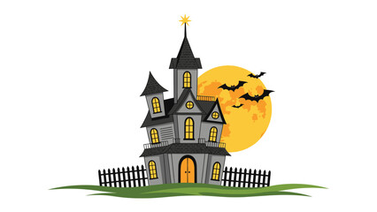 Spooky Halloween Mansion: A captivating illustration of a spooky mansion, complete with bats, an eerie full moon, and an old fence. Embrace the spirit of Halloween.