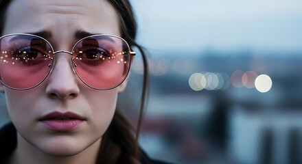 Young Woman Wearing Pink Oversized Sunglasses with City Lights Reflected image photo