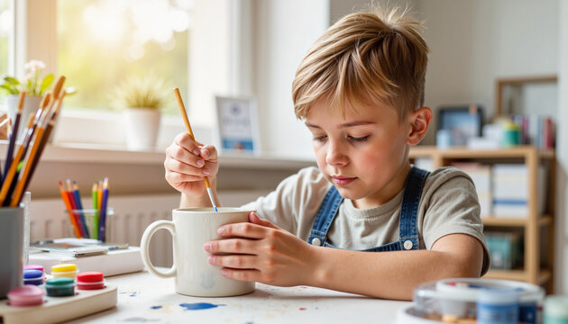 Focused young boy painting ceramic mug in art studio, creativity