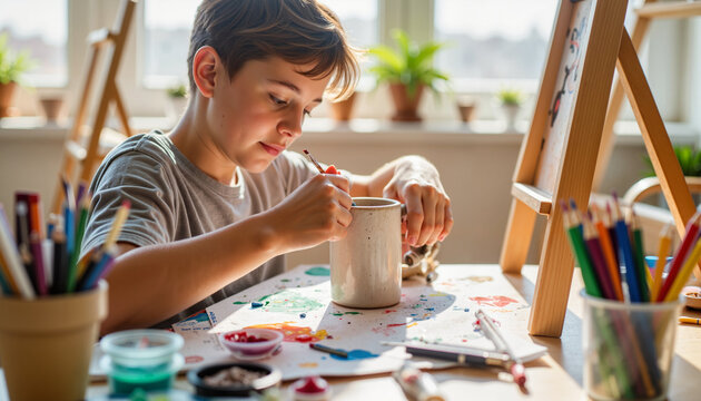 Focused boy painting ceramic mug in vibrant art studio, creative expression