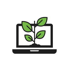 Growth and development of technology and nature, represented by a laptop with a plant sprouting from the screen