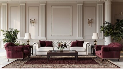 A stylish living room featuring elegant furnishings, decorative plants, and classic architectural elements, creating a sophisticated and inviting atmosphere.