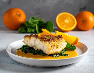 Dish of pan-seared fish with orange sauce