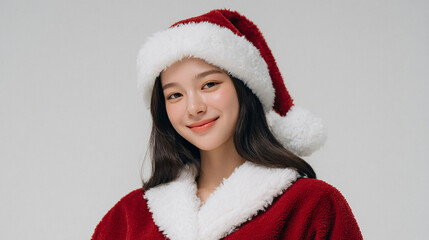 A young woman wearing a festive red Santa hat and fluffy white collar coat celebrating the Christmas holiday season in a bright studio setting