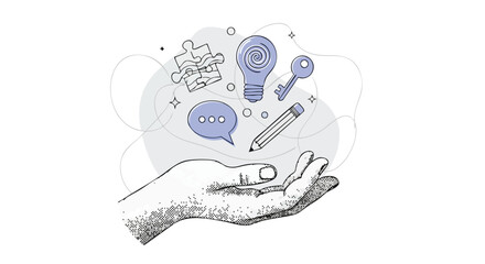 A hand in a sketch style holding various conceptual icons like a lightbulb, speech bubble, pencil, puzzle pieces, and a key, representing ideas, communication, creativity, and problem-solving.