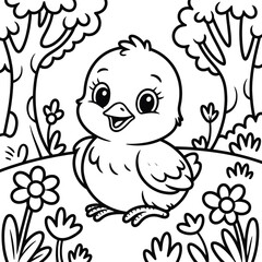 Cute cartoon chick sitting among flowers and trees isolated on white background
