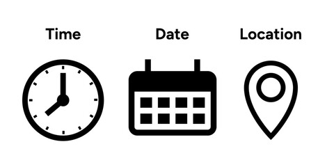 Collection of Time Date and Address or Location Icon. High Quality Vector Icon