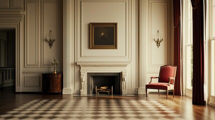 A spacious, elegantly designed room featuring classic decor, tall windows, and a cozy fireplace, creating a warm and inviting atmosphere.