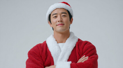 A confident person wearing a red Santa Claus hat and fluffy coat with arms crossed against a plain background perfect for Christmas holiday themes