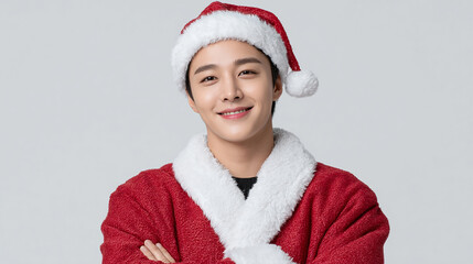 A confident person wearing a red Santa Claus hat and fluffy coat with arms crossed against a plain background perfect for Christmas holiday themes